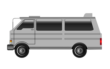 deteiled flat style vector illustration of a 1980's classic grey mini van, side view with copy space