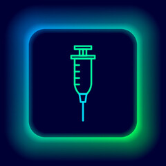 Glowing neon line Syringe icon isolated on black background. Syringe for vaccine, vaccination, injection, flu shot. Medical equipment. Colorful outline concept. Vector