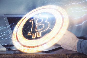 Double exposure of man's hands holding and using a phone and crypto currency blockchain theme drawing.