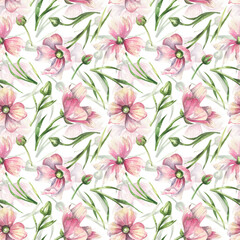 Botanical pink floral seamless pattern. Watercolor romatic flowers on a white background. Fresh tender design for invitation, wedding or greeting cards, textiles, wrapping paper