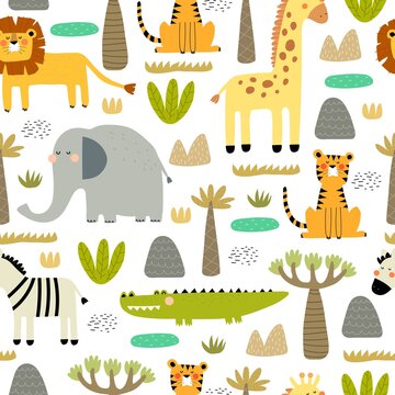 Seamless pattern with african animals, decor elements.  colorful vector for kids. hand drawing, flat style. baby design for fabric, print, textile, wrapper
