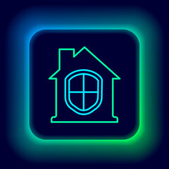 Glowing neon line House under protection icon isolated on black background. Home and shield. Protection, safety, security, protect, defense concept. Colorful outline concept. Vector