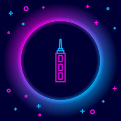 Glowing neon line Skyscraper icon isolated on black background. Metropolis architecture panoramic landscape. Colorful outline concept. Vector