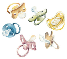 Baby's pacifiers. Multi-colored. Watercolor hand drawn illustration - 430936848