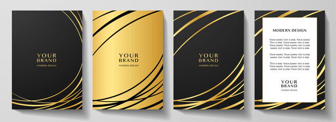 Modern creative cover, frame design set. Abstract wavy gold line pattern (bent curves) on premium black background. Creative stripe vector for certificate, brochure template, business booklet