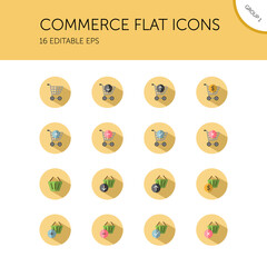 Commerce. Shopping cart and basket group. Store web. Isolated icon set in a circle. Flat vector illustration