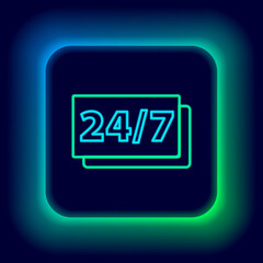 Glowing neon line Clock 24 hours icon isolated on black background. All day cyclic icon. 24 hours service symbol. Colorful outline concept. Vector