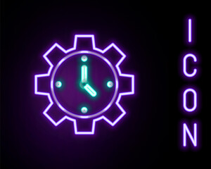 Glowing neon line Time Management icon isolated on black background. Clock and gear sign. Productivity symbol. Colorful outline concept. Vector