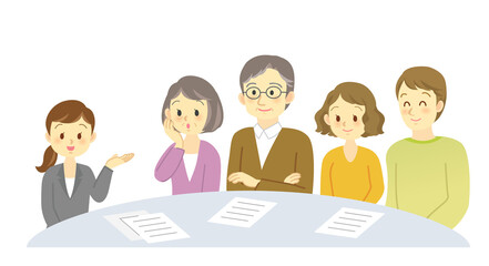 イラスト素材:青ざめた老夫婦と若い夫婦が相談をする場面　 契約　相談　打ち合わせ
