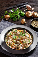 mushroom and calf liver stroganoff, top view