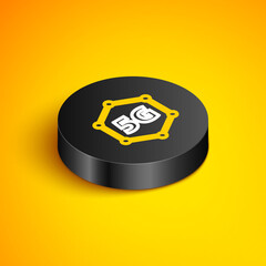 Isometric line 5G new wireless internet wifi connection icon isolated on yellow background. Global network high speed connection data rate technology. Black circle button. Vector