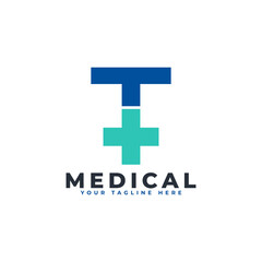 Letter T cross plus logo. Usable for Business, Science, Healthcare, Medical, Hospital and Nature Logos.