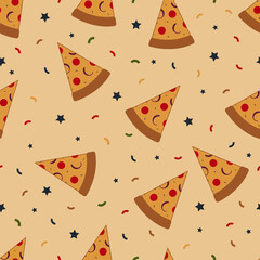 seamless pattern of pizza slices, stars and confetti, onions, pepperoni in a neutral light orange background, vector illustration