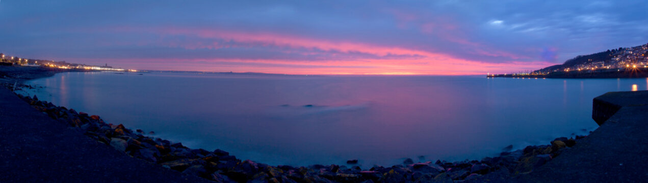 Dawn panorama, Mount's Bay, Penzance, Cornwall, UK.
