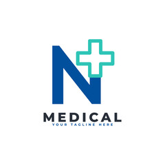 Letter N cross plus logo. Usable for Business, Science, Healthcare, Medical, Hospital and Nature Logos.