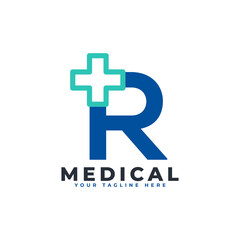 Letter R cross plus logo. Usable for Business, Science, Healthcare, Medical, Hospital and Nature Logos.