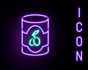 Glowing neon line Olives in can icon isolated on black background. Concept of canned food. Colorful outline concept. Vector