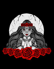 Illustration vector sugar skull woman with tattoo in hand and rose flower.