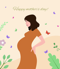 Vector illustration for mother's day. Pregnant woman, butterflies, plants.