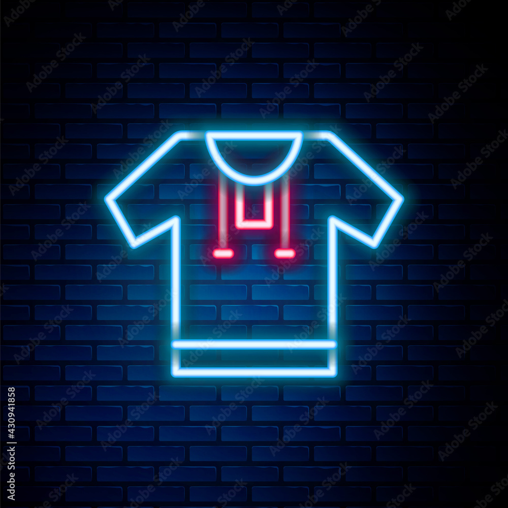 Sticker Glowing neon line Embroidered shirt icon isolated on brick wall background. National ukrainian clothing. Colorful outline concept. Vector