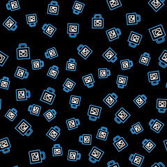 Line Coffee cup icon isolated seamless pattern on black background. Take away print. Vector