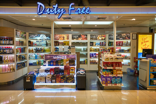 BANGKOK THAILAND CIRCA JANUARY 2020 goods on display in Duty Free store at Suvarnabhumi Airport. Stock Photo Adobe Stock