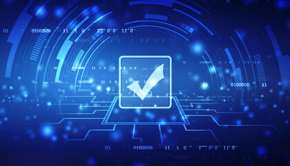 Check mark symbol in digital background, Technology abstract background, Tech Futuristic Check Mark Symbol