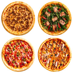Isolated assorted variety of pizzas collage menu design on the white background