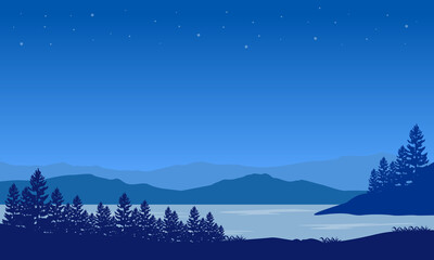 Beautiful blue sky color with stunning mountain views from the riverbank at night. Vector illustration
