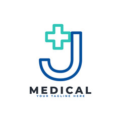 Obraz premium Letter J cross plus logo. Linear Style. Usable for Business, Science, Healthcare, Medical, Hospital and Nature Logos.