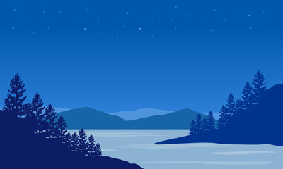 incredible mountain views under the beautiful blue and starry sky. Vector illustration