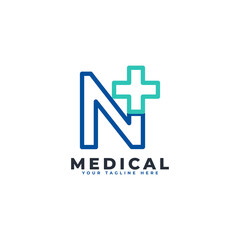 Letter N cross plus logo. Linear Style. Usable for Business, Science, Healthcare, Medical, Hospital and Nature Logos.