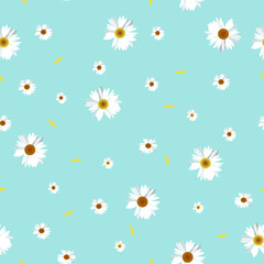 Abstract floral background with daisies eps 10. White daisies on a pale blue hair dryer are randomly arranged, among them are yellow petals. Summer background for printing on textiles, stationery.