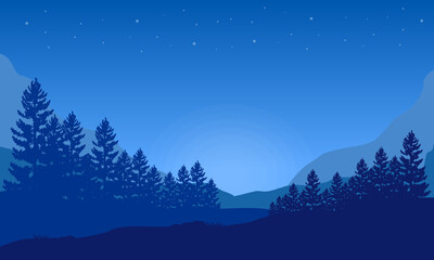 Fantastic Mountain views with pine tree silhouettes at night from the suburbs. Vector illustration