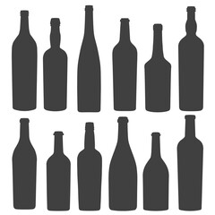 Fototapeta na wymiar Set of silhouettes of vintage wine bottles isolated on white background. Vector illustration.