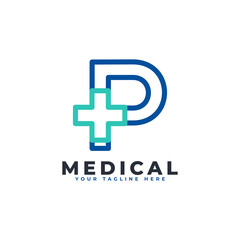 Obraz premium Letter P cross plus logo. Linear Style. Usable for Business, Science, Healthcare, Medical, Hospital and Nature Logos.