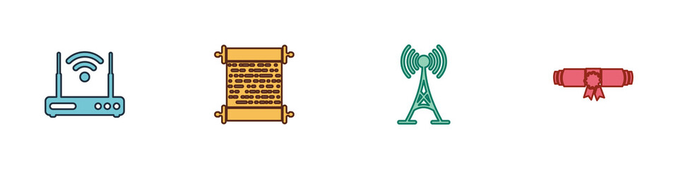 Set Router and wi-fi, Paper scroll, Antenna and Diploma rolled icon. Vector