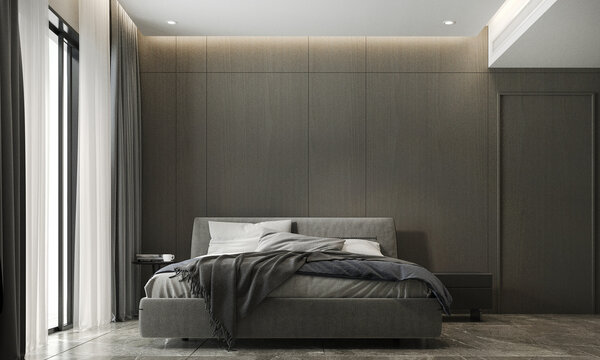 Modern mock up room and decoration interior furniture of cozy bedroom design and wooden wall texture background, 3d rendering