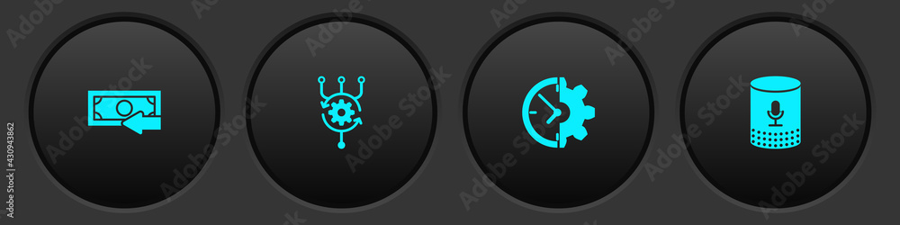 Poster set cash back, algorithm, clock and gear and voice assistant icon. vector
