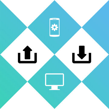 Set Upload, Computer monitor screen, Setting smartphone and Download icon. Vector