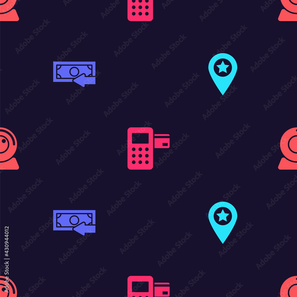 Poster set location with star, cash back, pos terminal and web camera on seamless pattern. vector