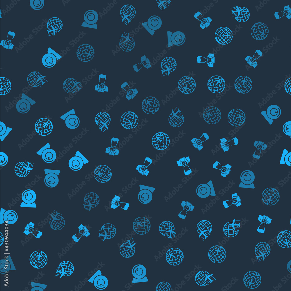 Aufkleber set globe with flying plane, scientist and test tube, and web camera on seamless pattern. vector