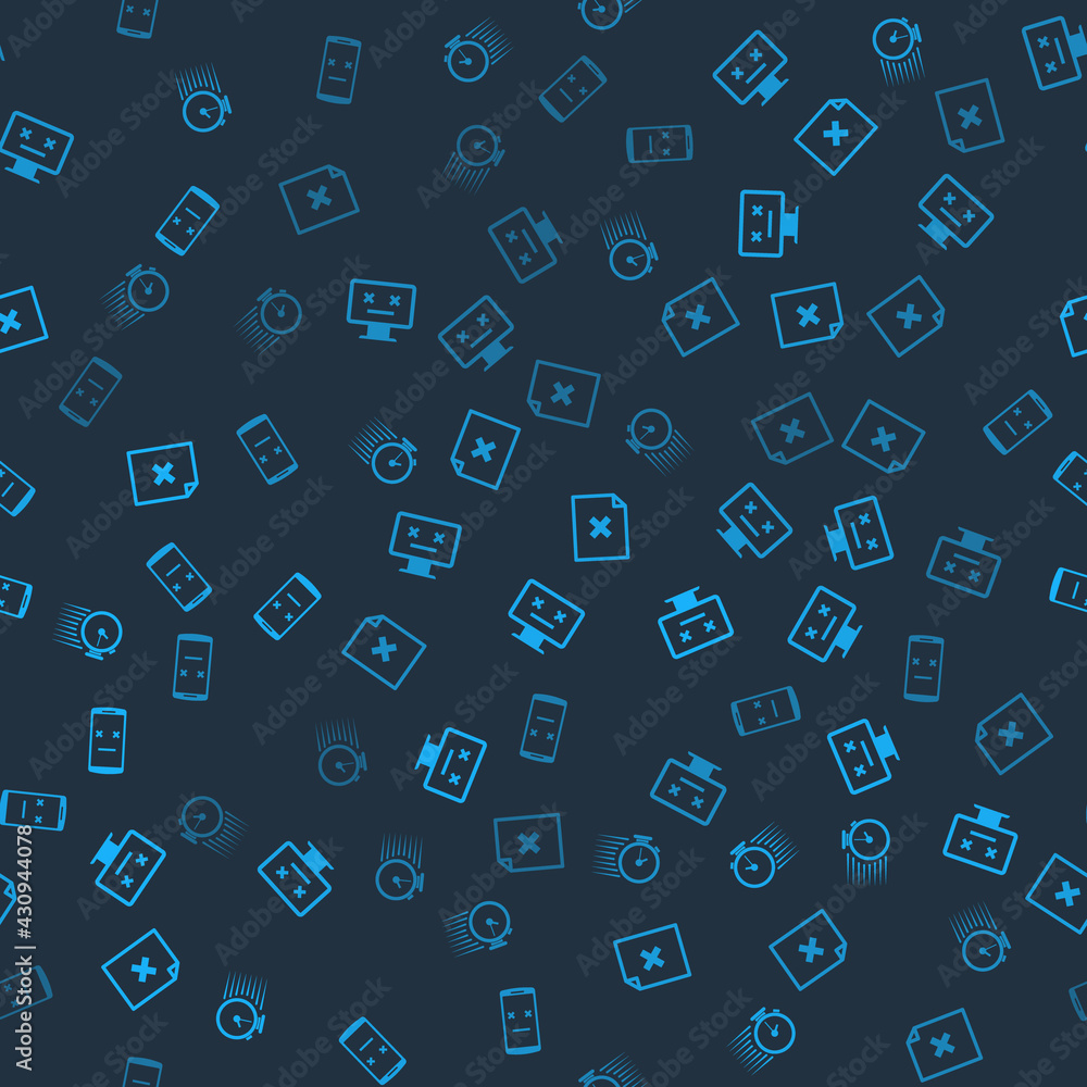 Poster set stopwatch, dead monitor, delete file document and mobile on seamless pattern. vector