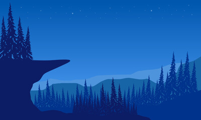 Fantastic view of the mountains with forest from the edge of the city at night. Vector illustration