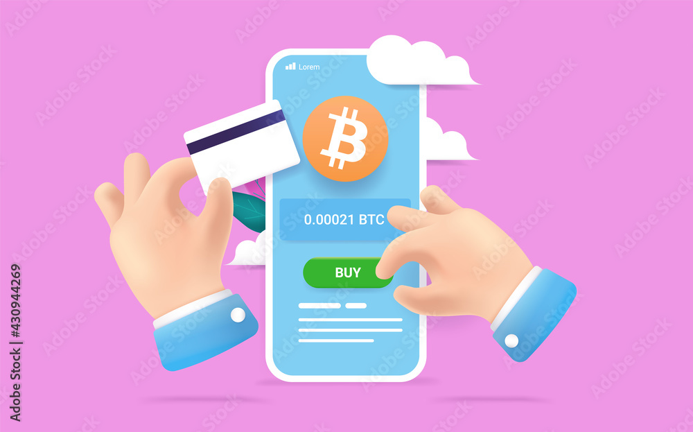 Poster buying bitcoin with credit car - hands paying for bitcoin on crypto exchange on smartphone. vector i