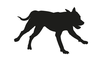 Black dog silhouette. Running american pit bull terrier puppy. Isolated on a white background.
