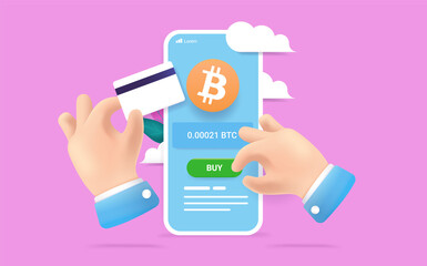 Buying Bitcoin with credit car - Hands paying for bitcoin on crypto exchange on smartphone. Vector illustration.