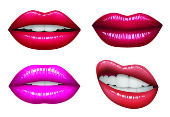 Lips realistic  set with bright lipstick isolated on white. Realistic vector illustration 