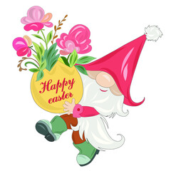 Little cheerful gnome with a bouquet of flowers in an egg instead of a vase. Children's cheerful illustration. Postcard, banner happy easter