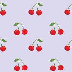 Seamless vector pattern with bright cherry on a grey background. Suitable for the design of textile fabric, wrapping paper, and wallpaper for websites. Vector illustration.